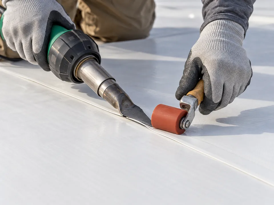 Illustration of hot-air welding a white TPO membrane seam